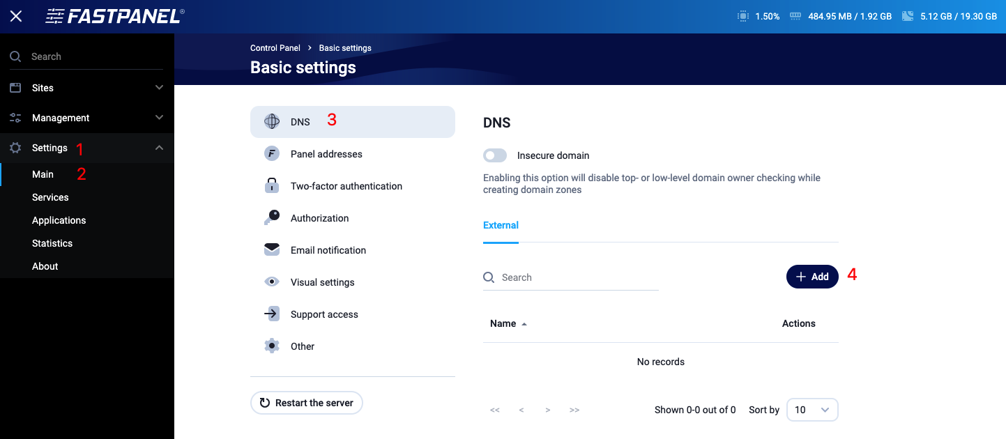 Setting up integration with a DNS in FastPanel CP