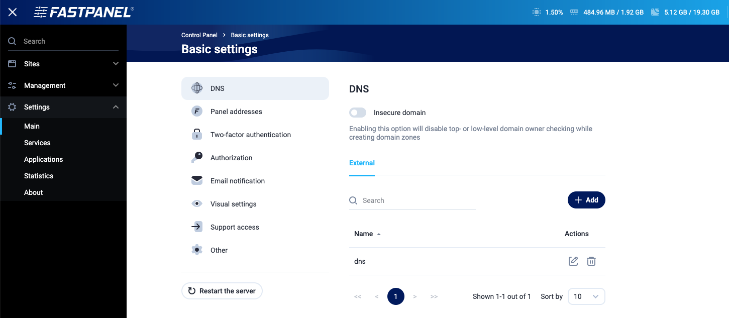 Setting up integration with a DNS in FastPanel CP