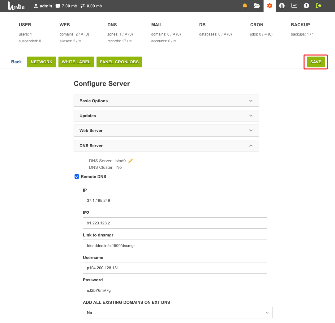 Setting up integration with a DNS in Hestia CP