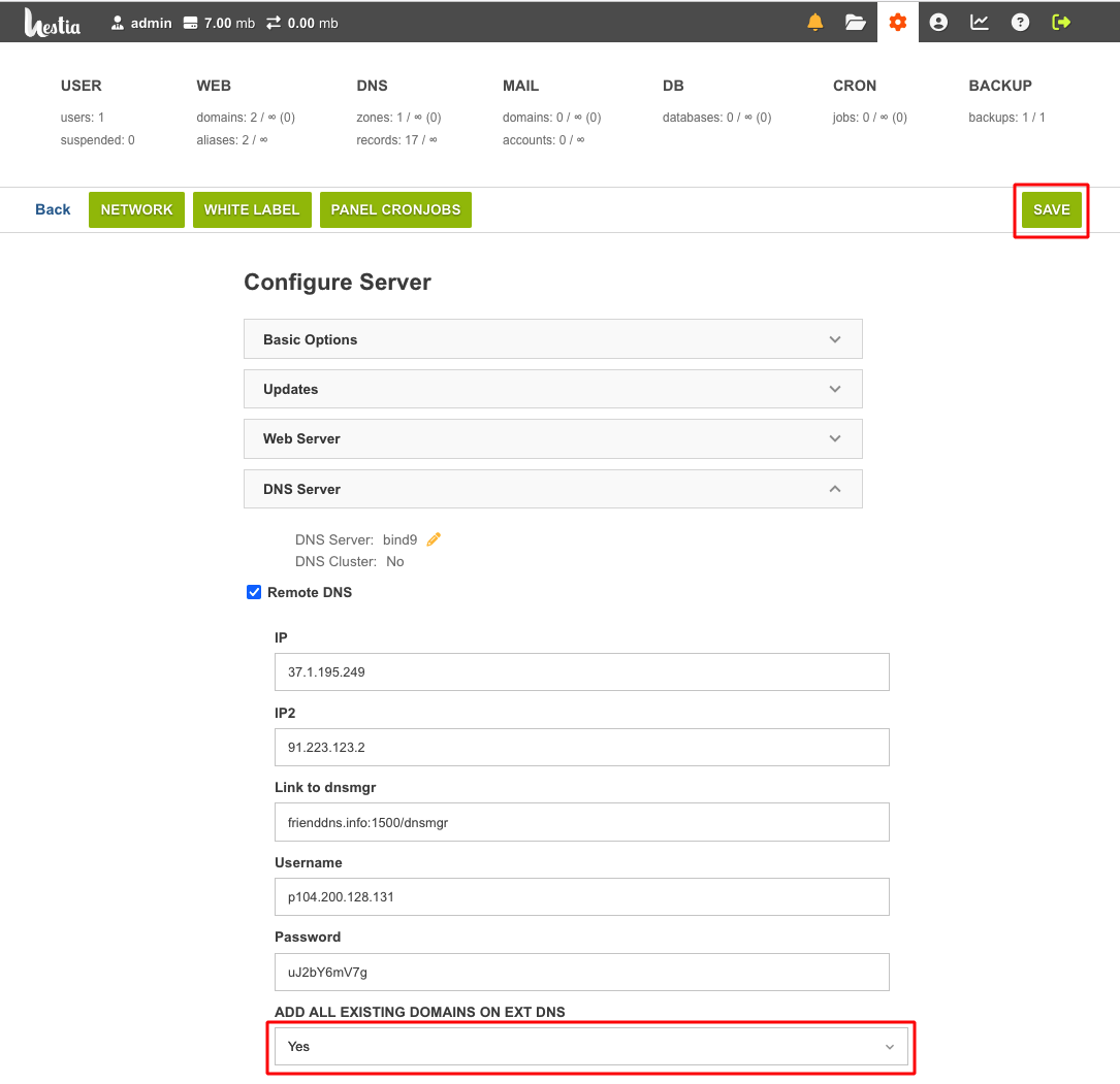 Setting up integration with a DNS in Hestia CP