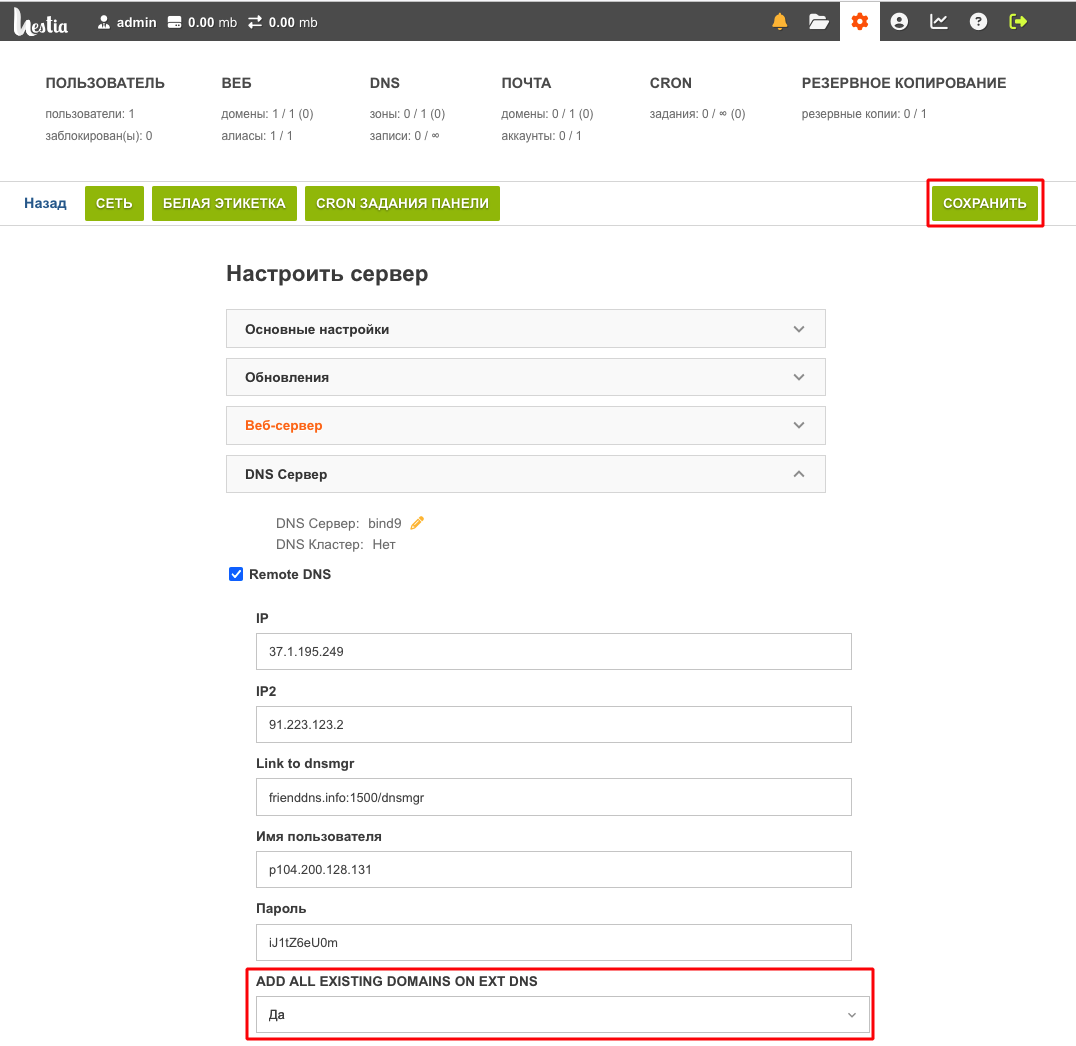 Настройка интеграции с dns в ПУ Hestia